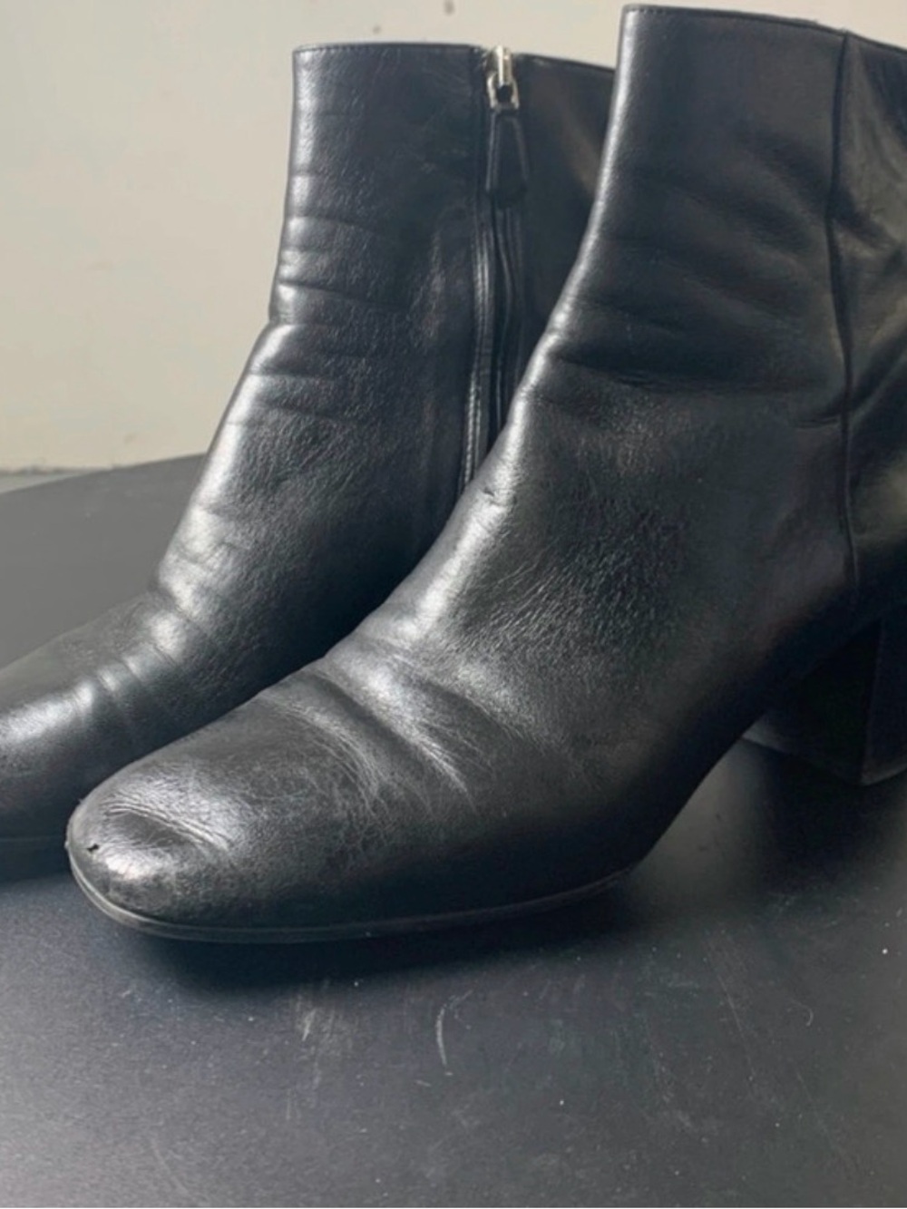 Prada Black Leather Block Heel Ankle Boots